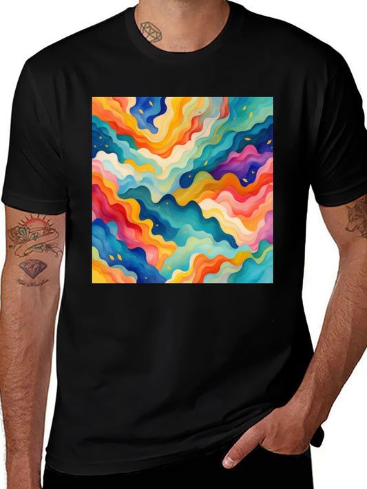 Vibrant Abstract Wave Pattern Black T-Shirt