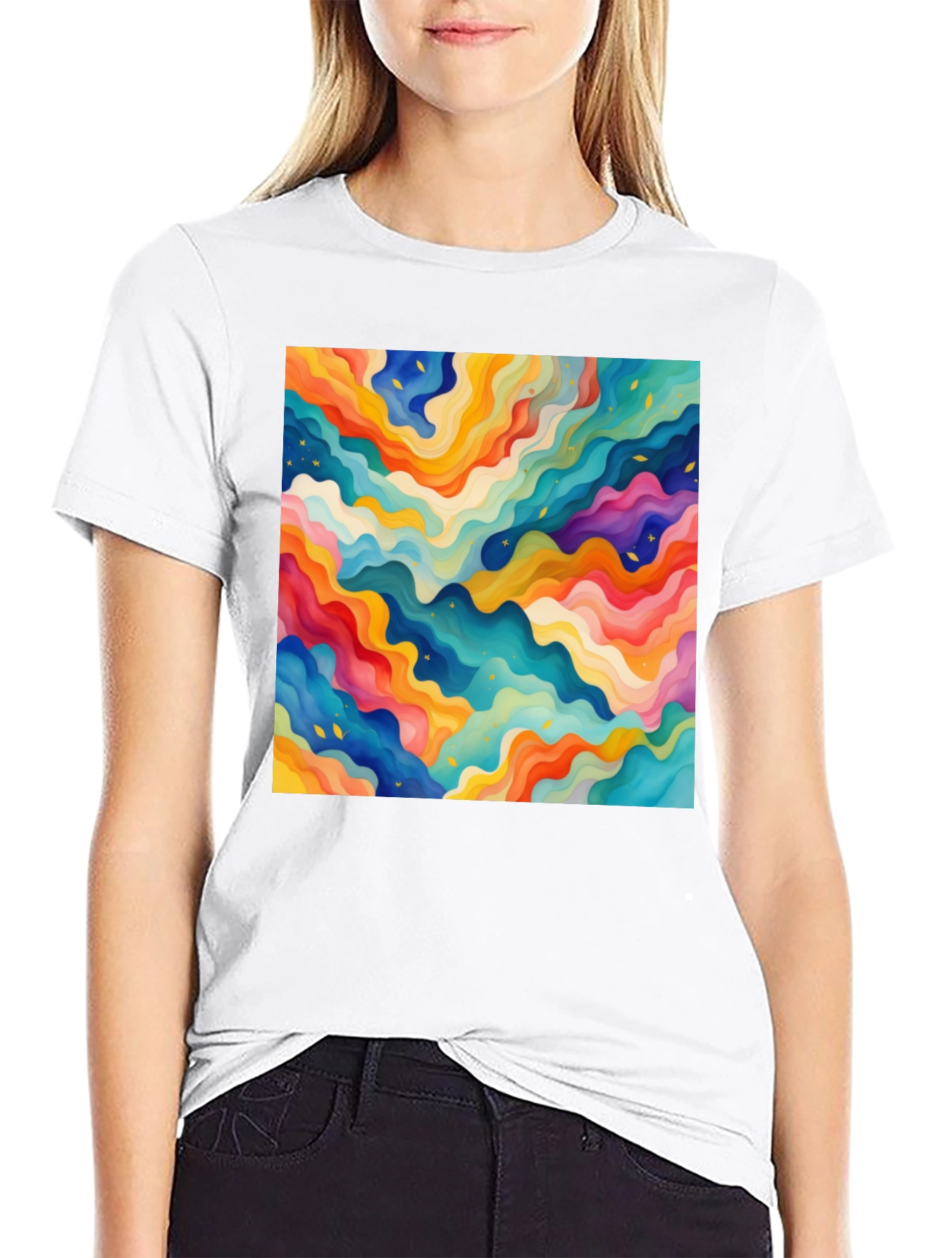 Vibrant Abstract Wave Pattern Black T-Shirt