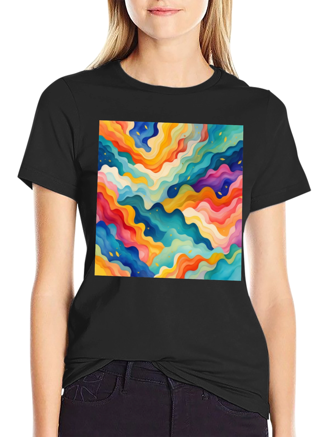 Vibrant Abstract Wave Pattern Black T-Shirt