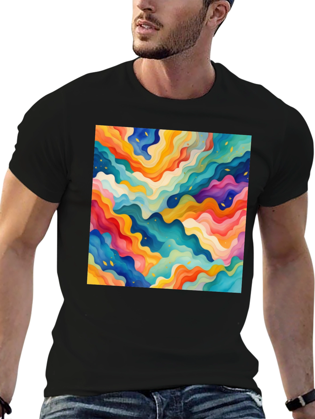 Vibrant Abstract Wave Pattern Black T-Shirt