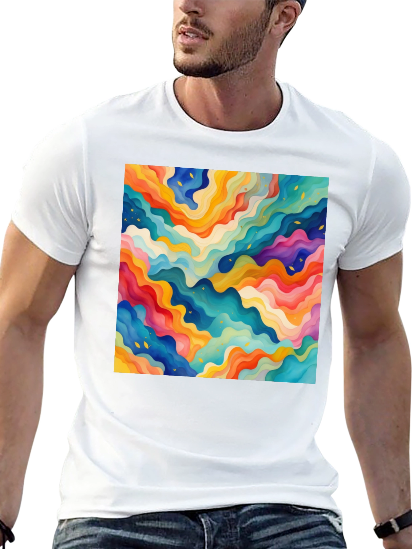 Vibrant Abstract Wave Pattern Black T-Shirt