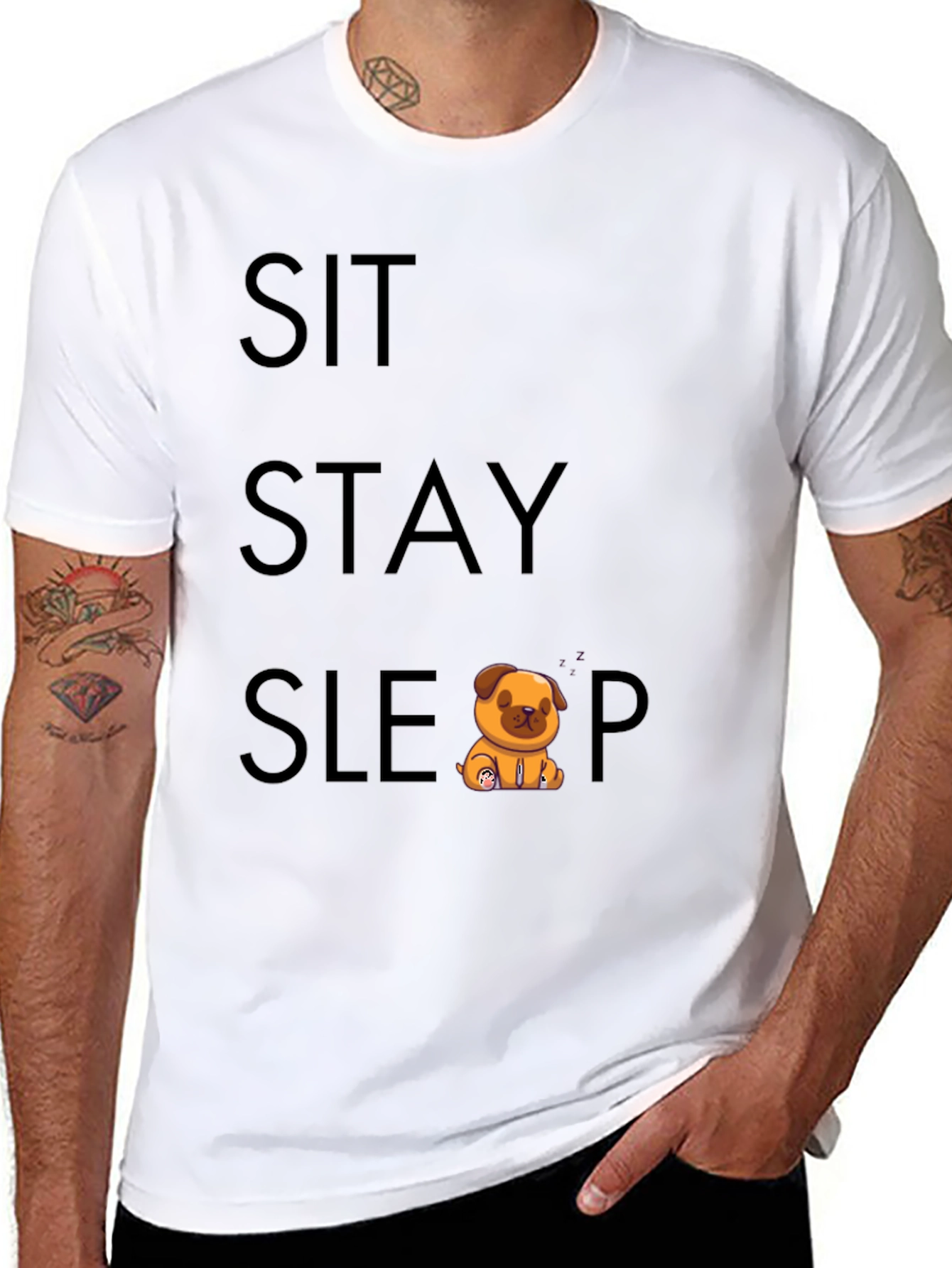 Sit Stay Sleep Pug T-Shirt - Soft Cotton Tee