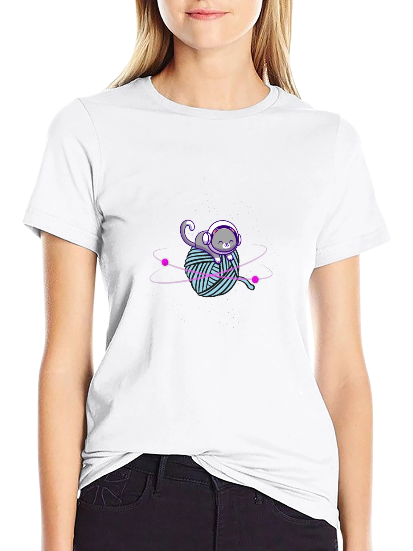 Astronaut Cat Yarn Ball Graphic Tee - Black