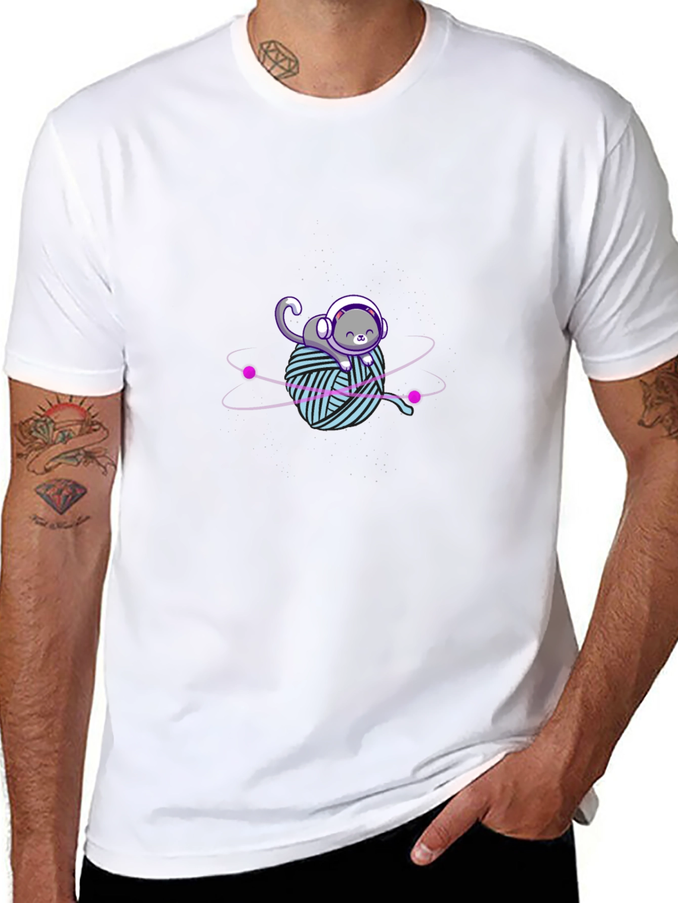 Astronaut Cat Yarn Ball Graphic Tee - Black