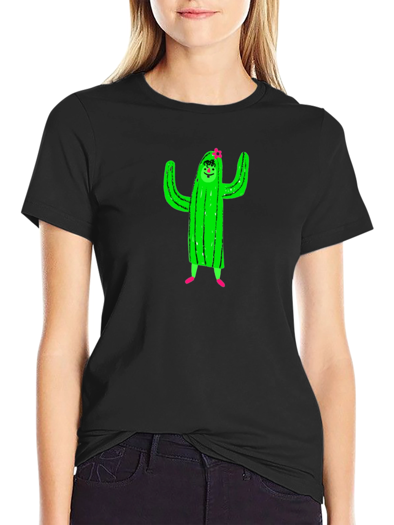 Cactus Character Graphic Black T-Shirt