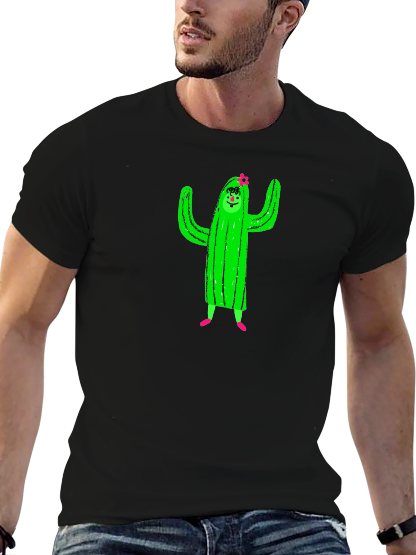 Cactus Character Graphic Black T-Shirt