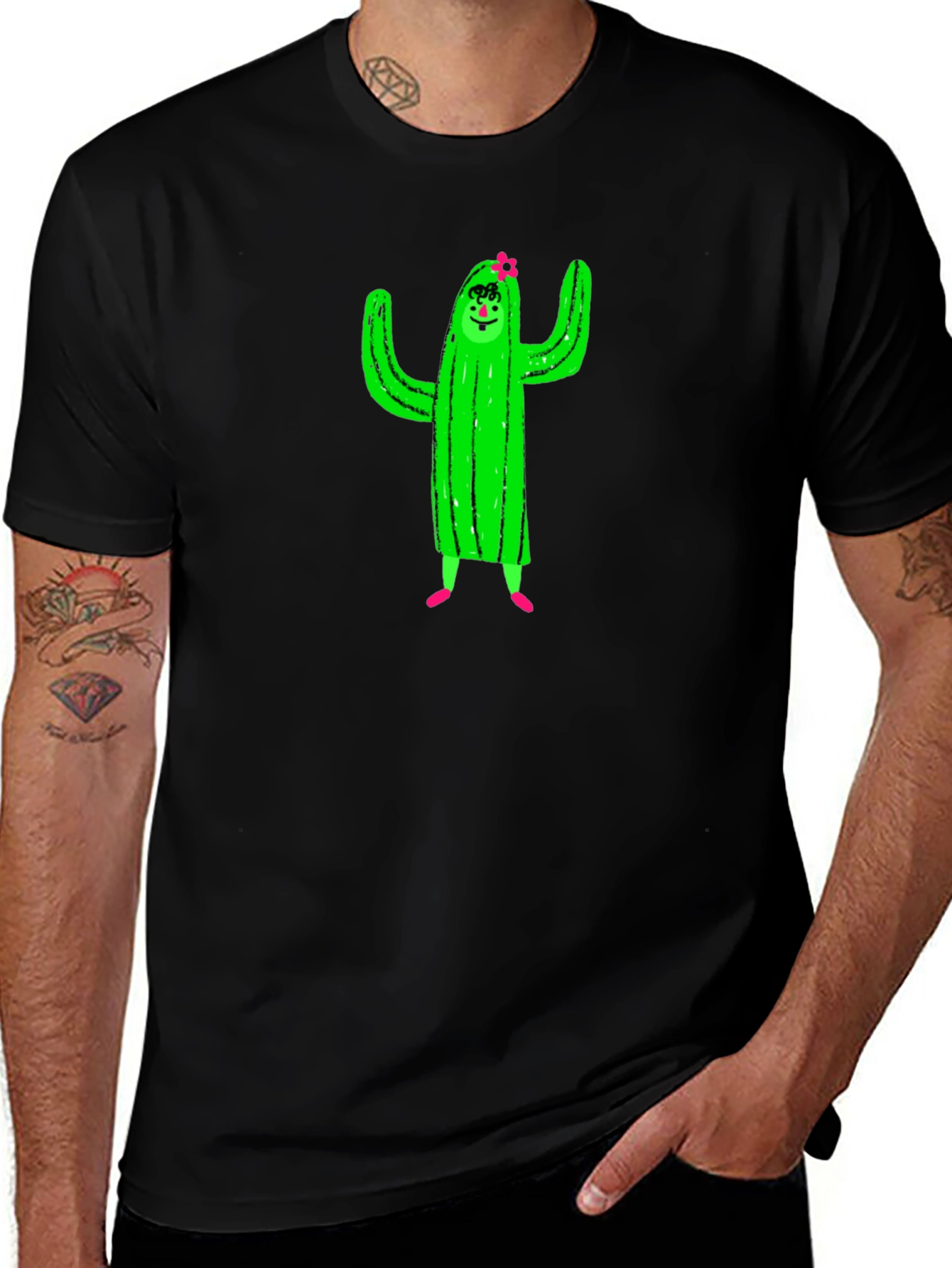 Cactus Character Graphic Black T-Shirt
