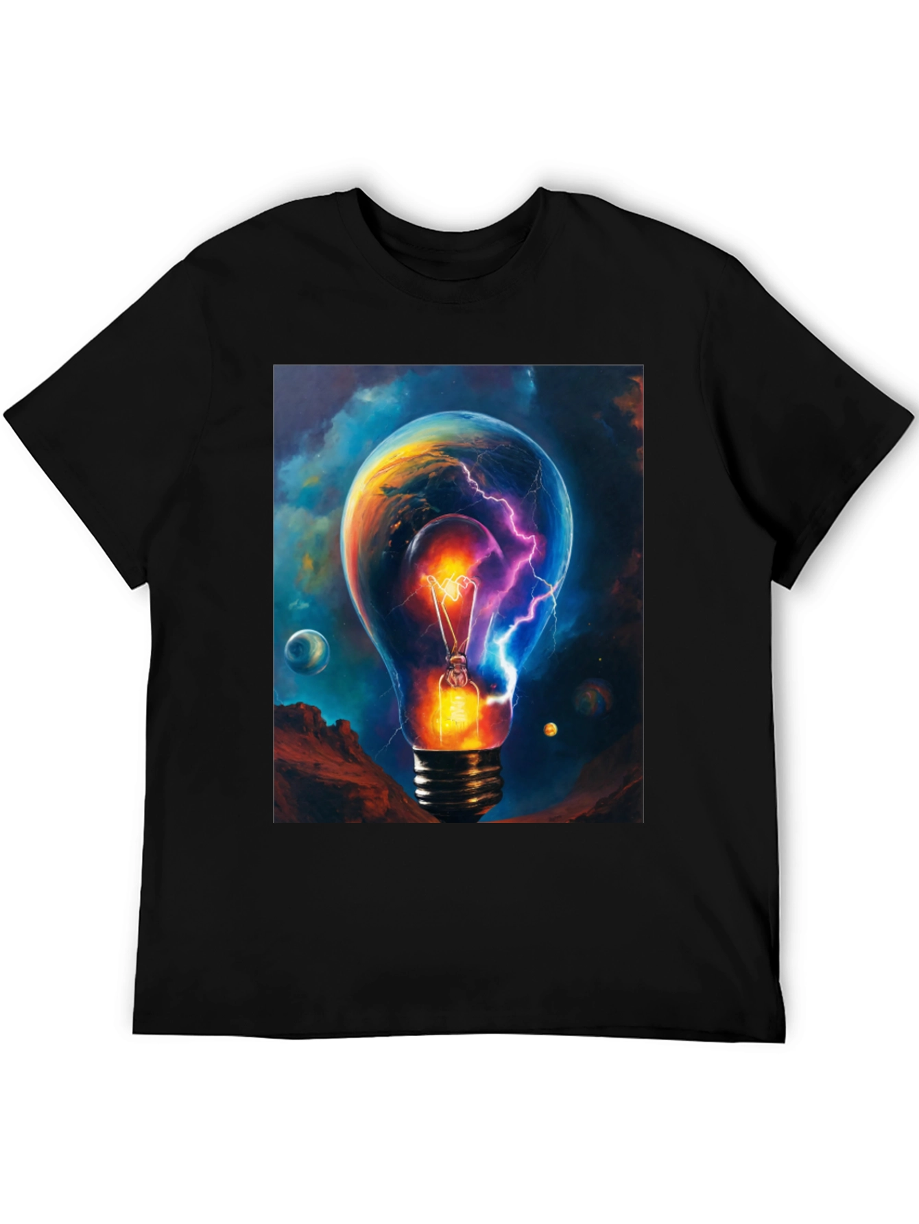 Cosmic Lightbulb Graphic Tee - Black Cotton T-Shirt