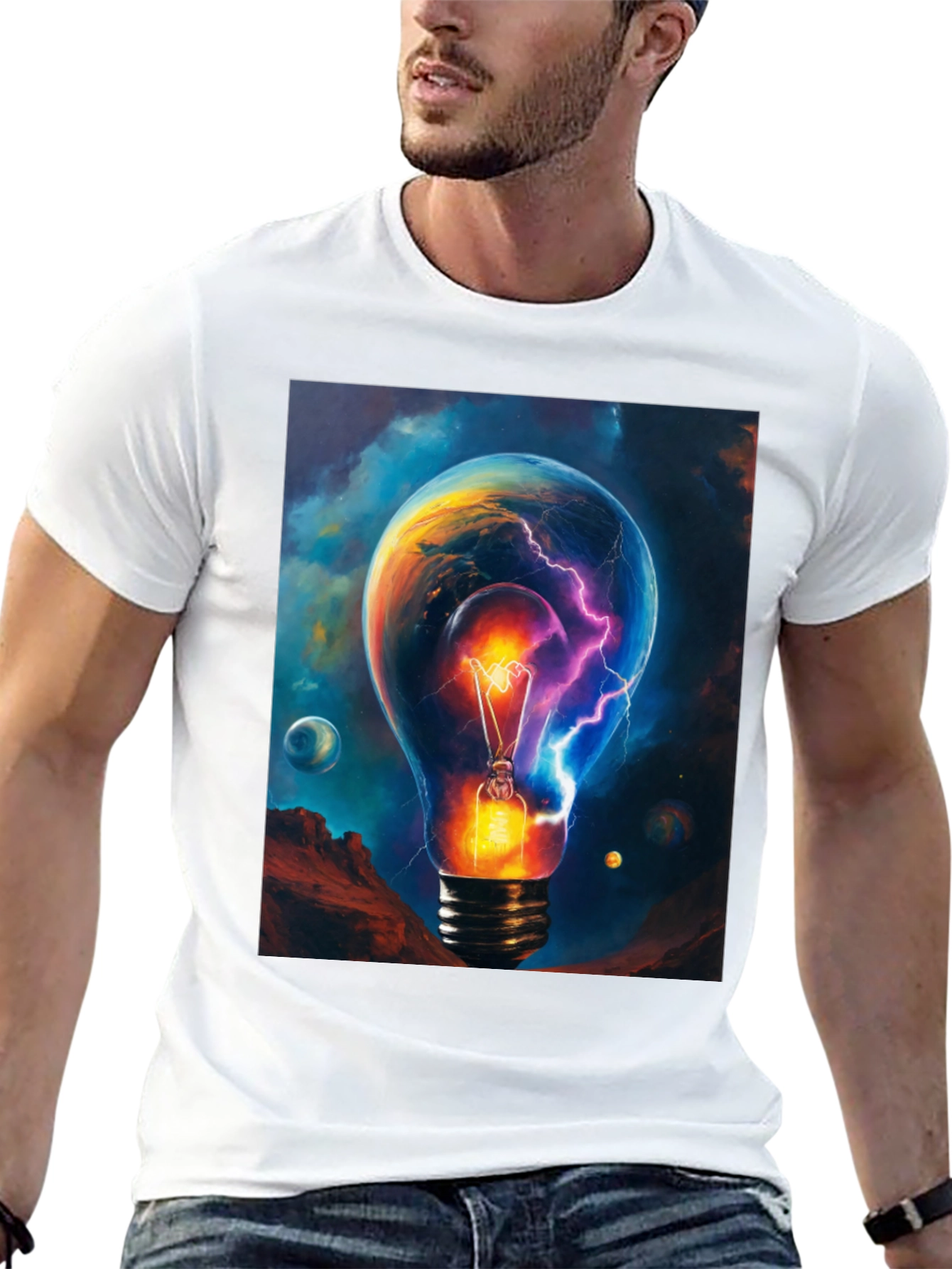 Cosmic Lightbulb Graphic Tee - Black Cotton T-Shirt