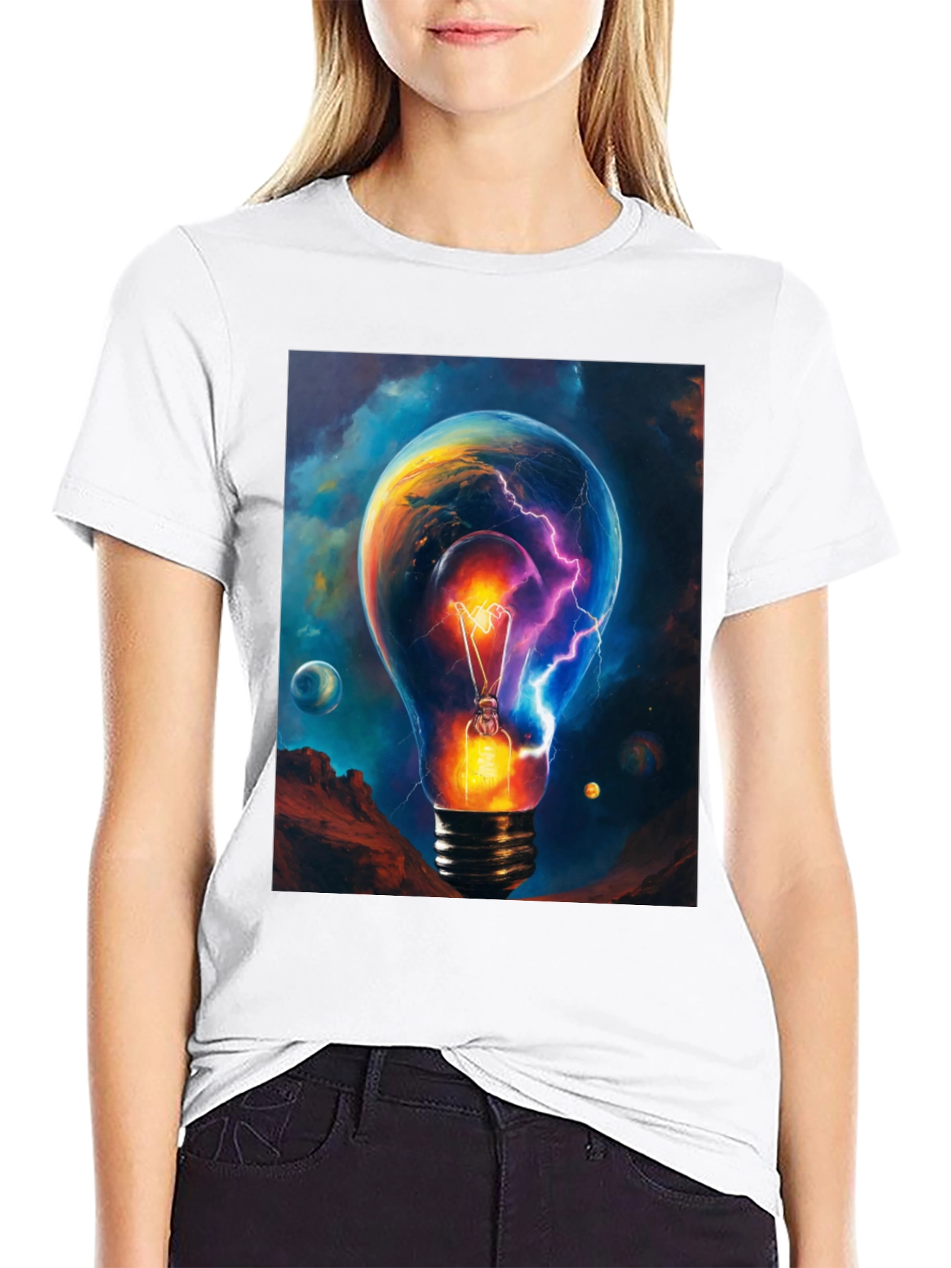 Cosmic Lightbulb Graphic Tee - Black Cotton T-Shirt