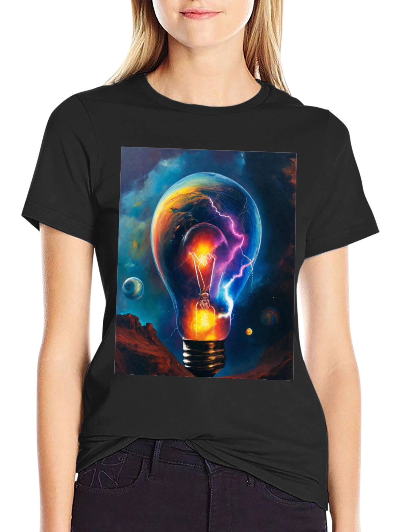 Cosmic Lightbulb Graphic Tee - Black Cotton T-Shirt
