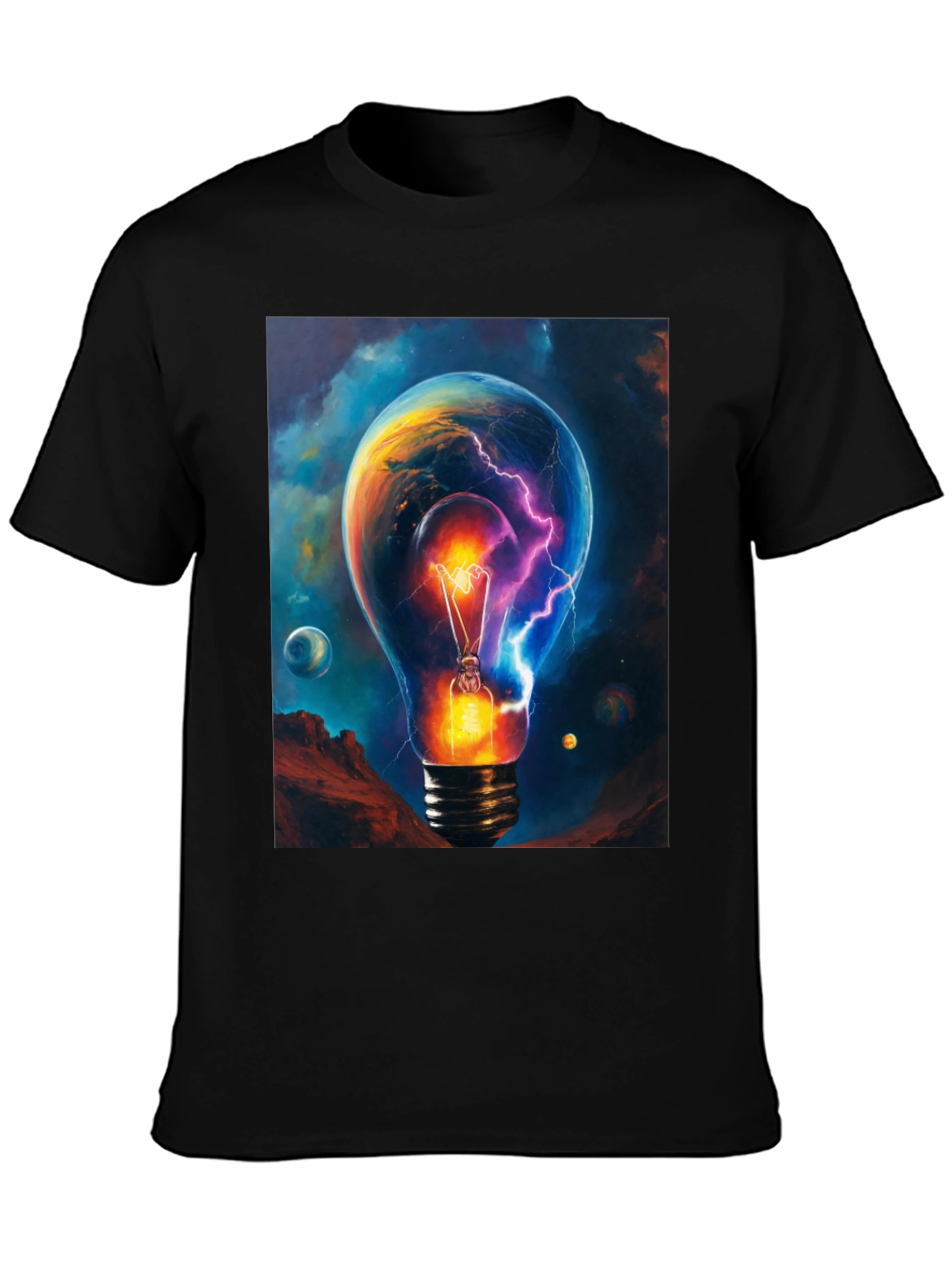 Cosmic Lightbulb Graphic Tee - Black Cotton T-Shirt