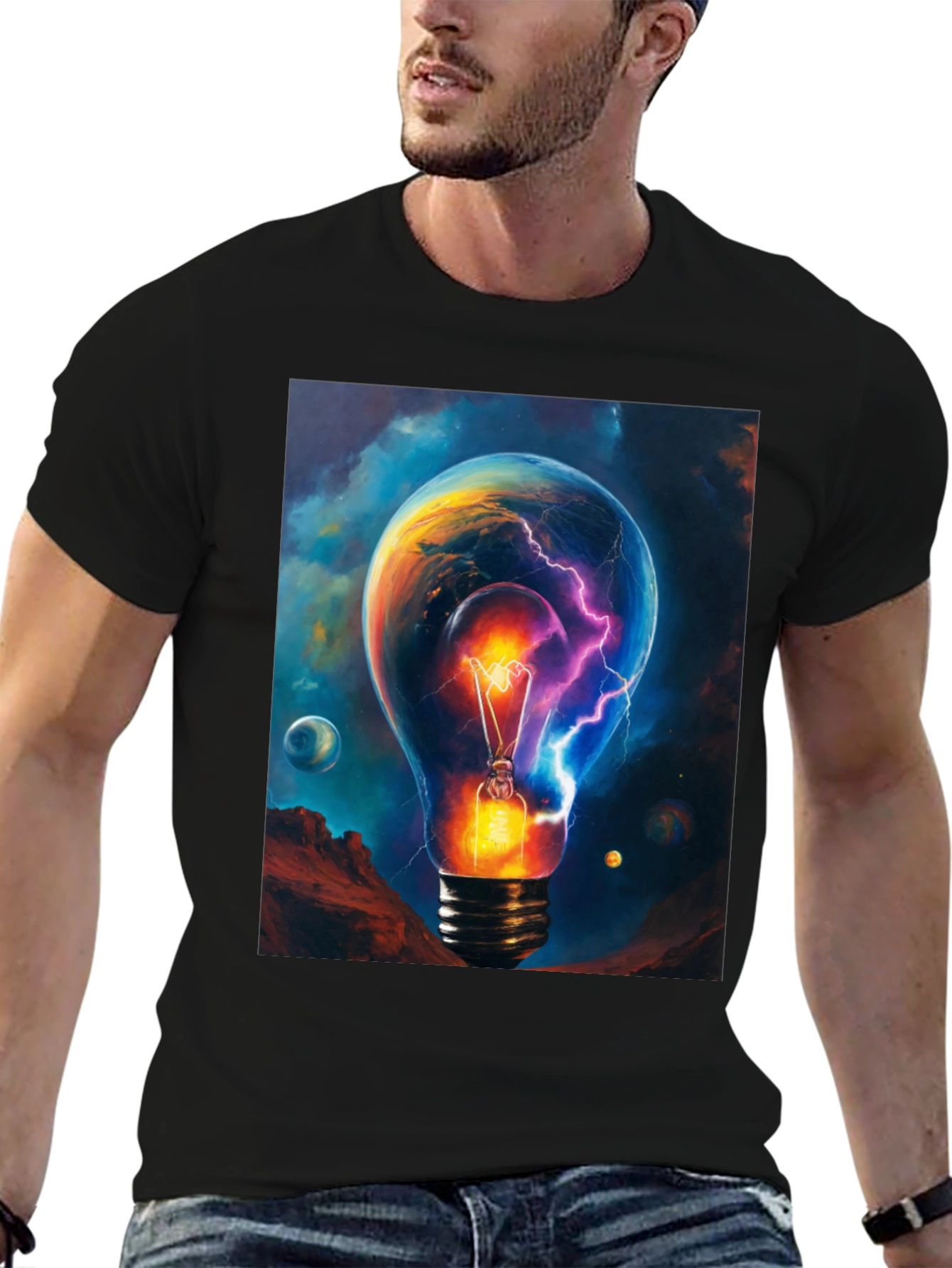 Cosmic Lightbulb Graphic Tee - Black Cotton T-Shirt