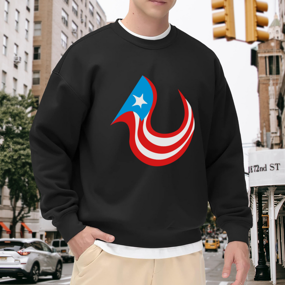 Red White Blue Flame Star Crewneck Sweatshirt - Patriotic Fire Design Pullover