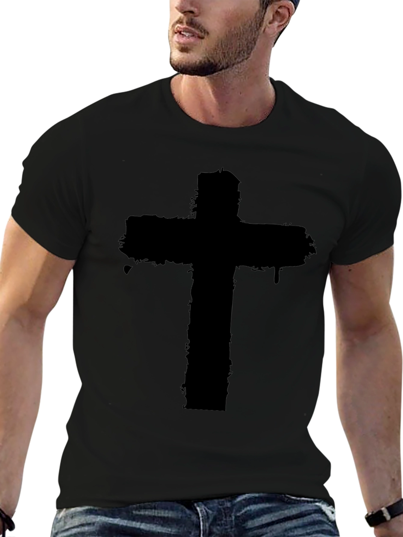 Distressed Cross Graphic Black T-Shirt