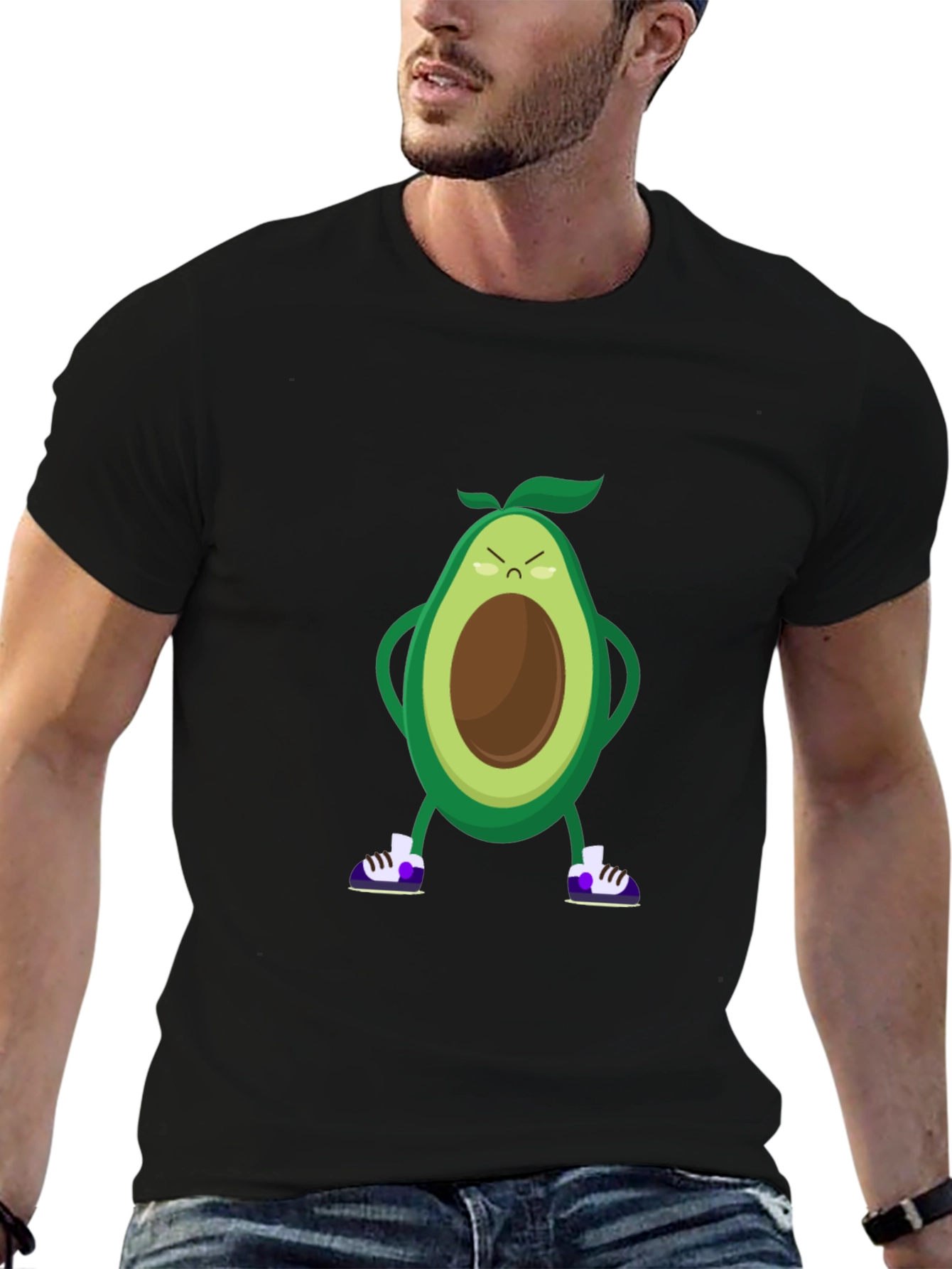 Angry Avocado Cartoon Print Black T-Shirt