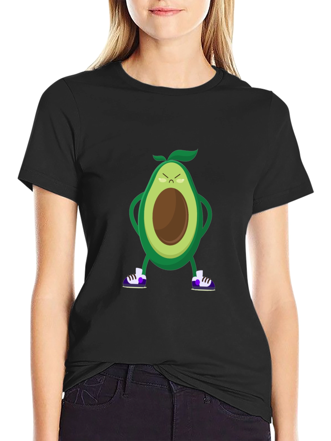 Angry Avocado Cartoon Print Black T-Shirt