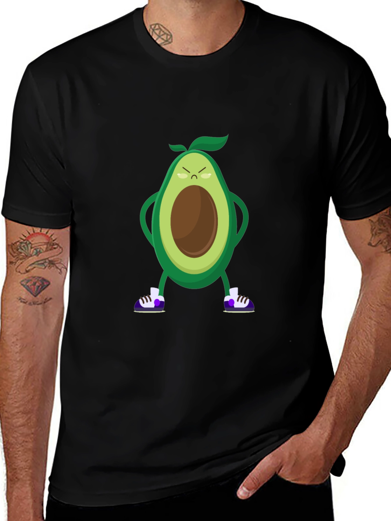 Angry Avocado Cartoon Print Black T-Shirt