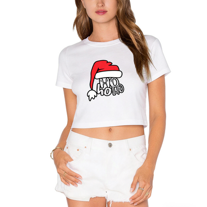 Ho Ho Ho Santa Hat Fun Christmas White Crop Tee