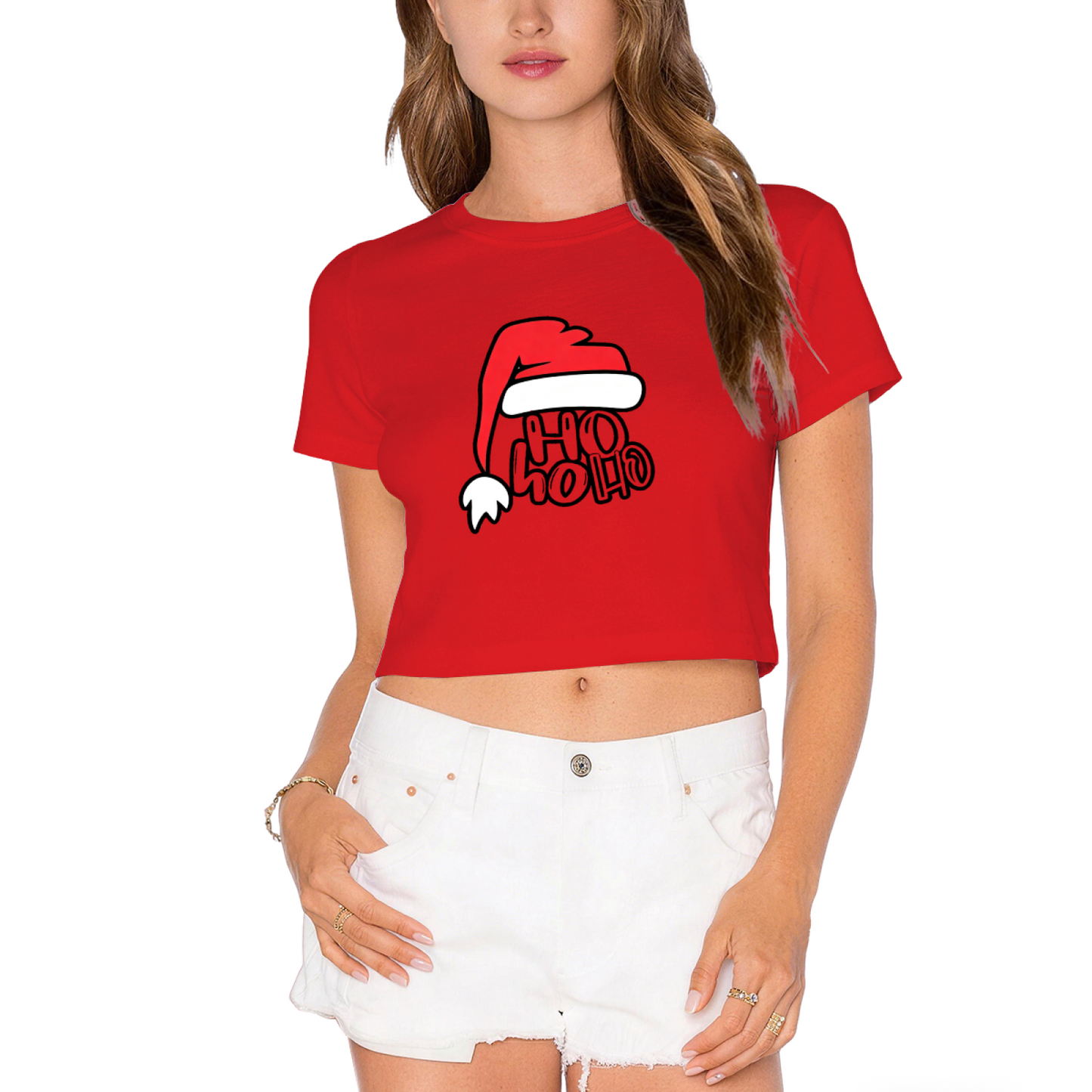 Ho Ho Ho Santa Hat Fun Christmas White Crop Tee