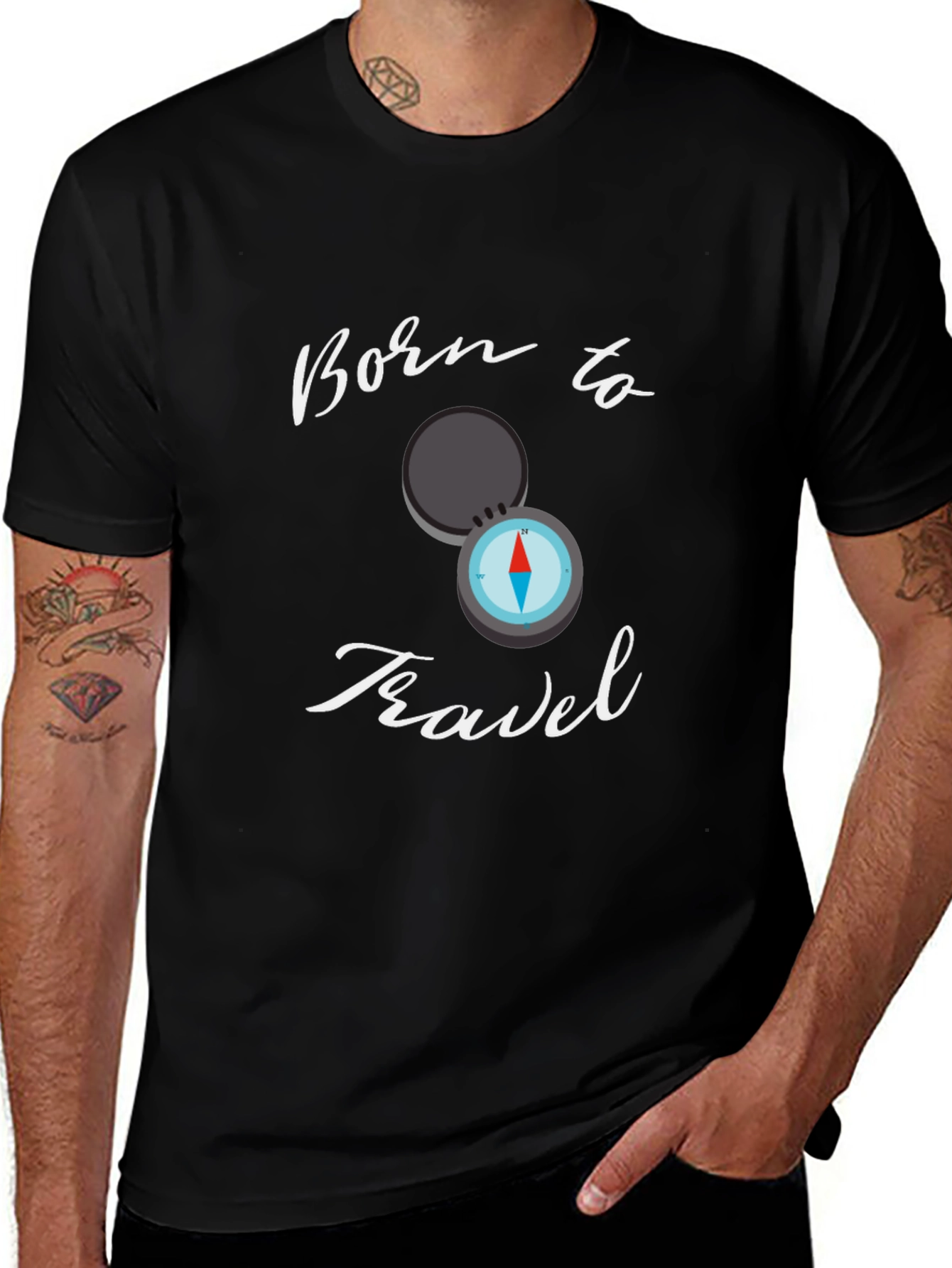 Born To Travel Black T-Shirt Compass Graphic Design