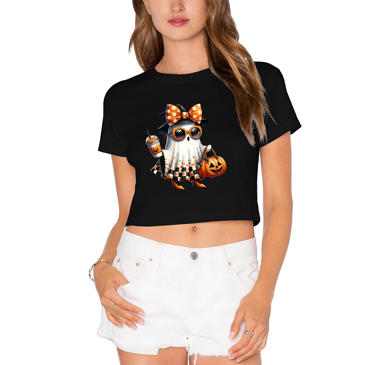 Stylish Trick Or Treat Ghost Halloween Cropped T?Shirt