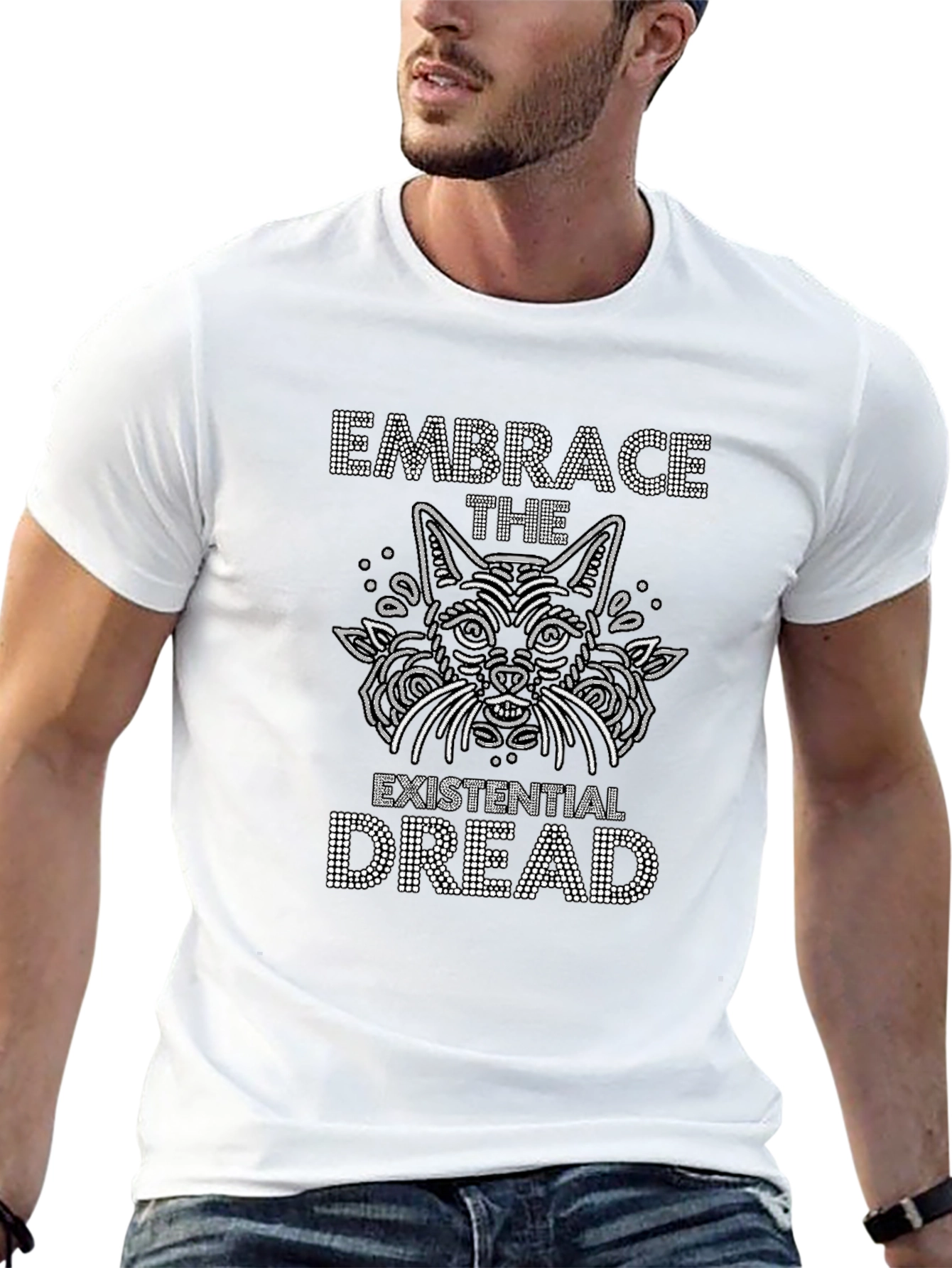Existential Dread Cat Graphic Tee - Black Cotton T-Shirt