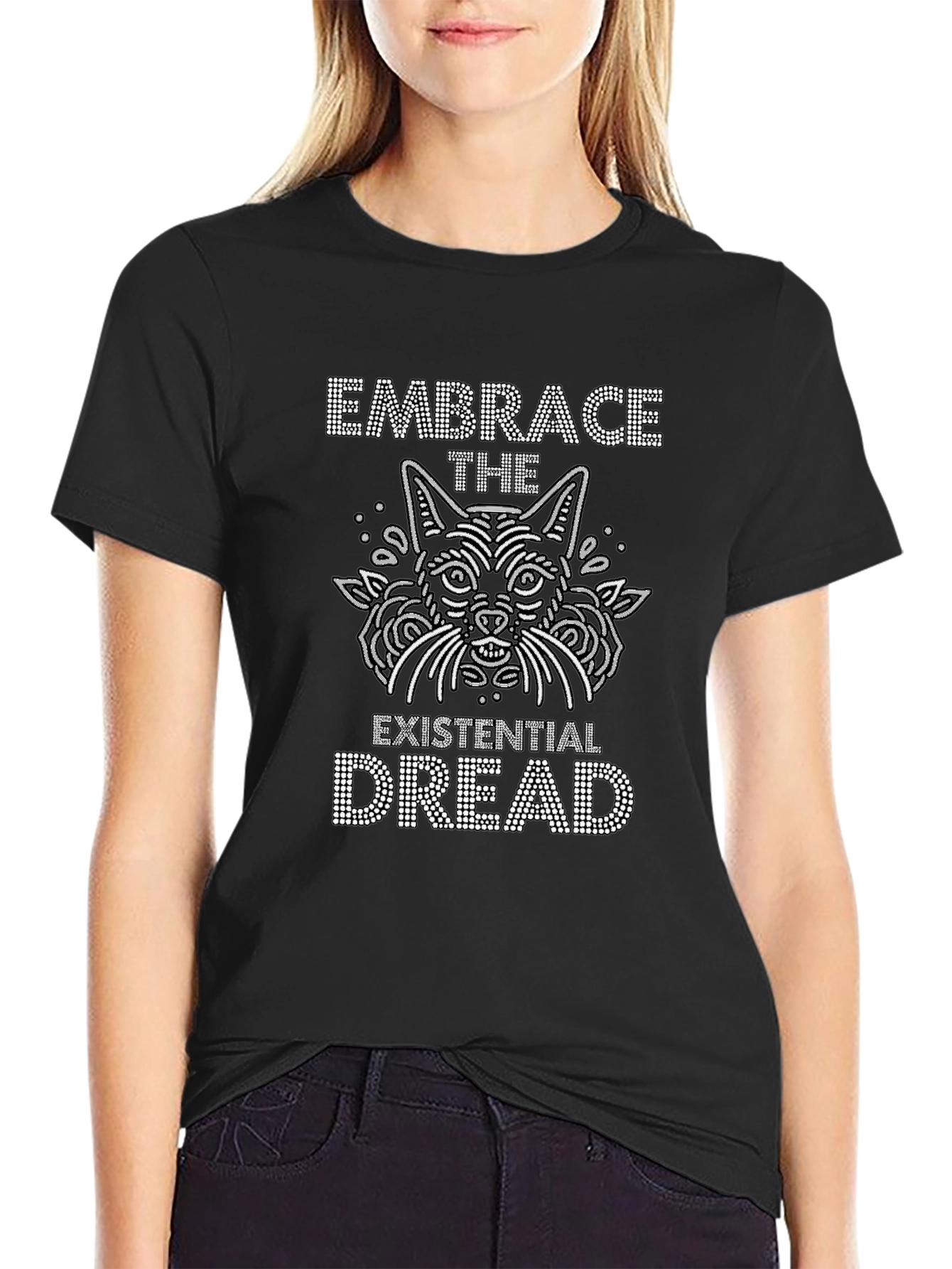 Existential Dread Cat Graphic Tee - Black Cotton T-Shirt