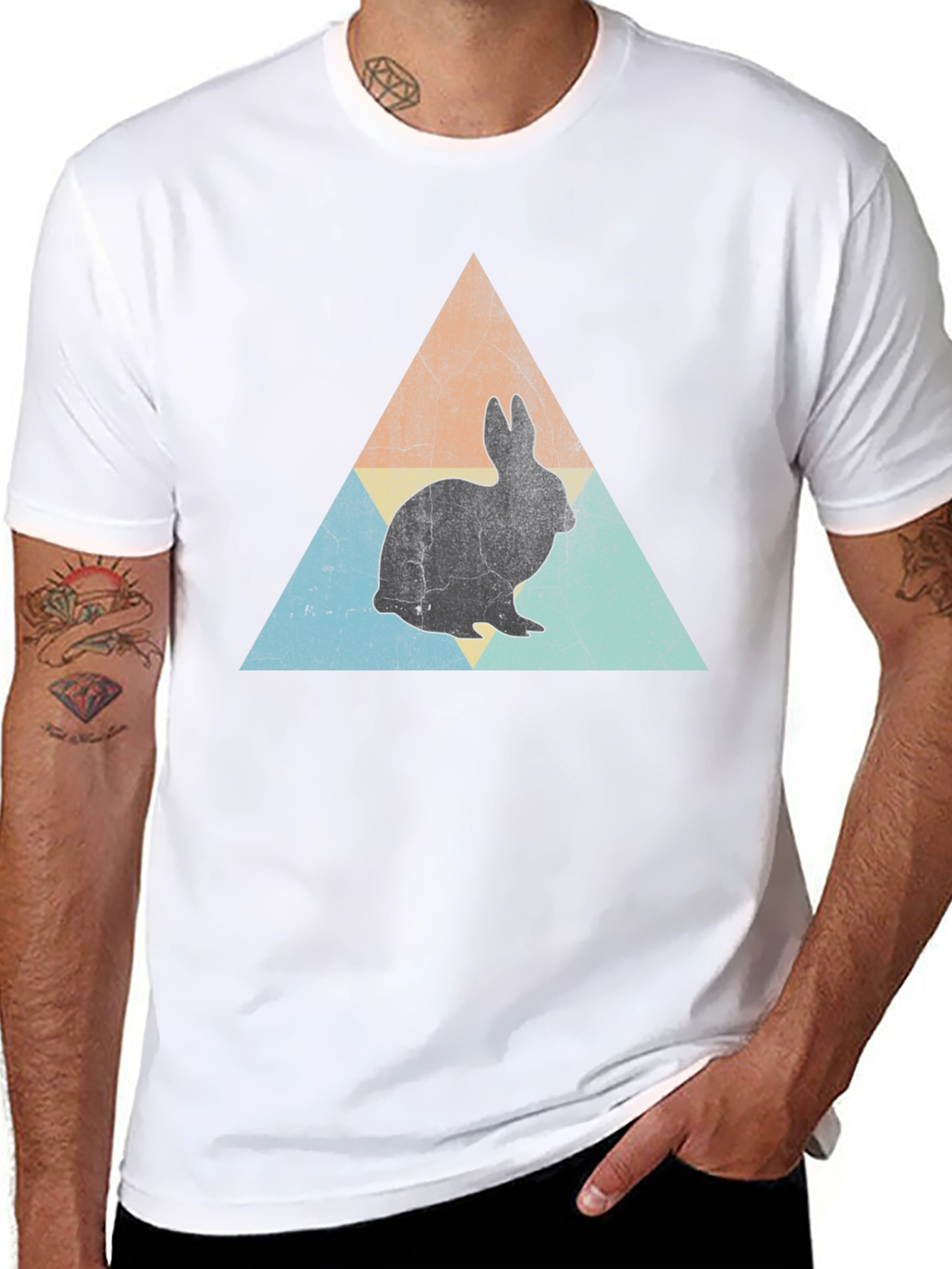Retro Rabbit Triangle Graphic Tee - Black Cotton Shirt