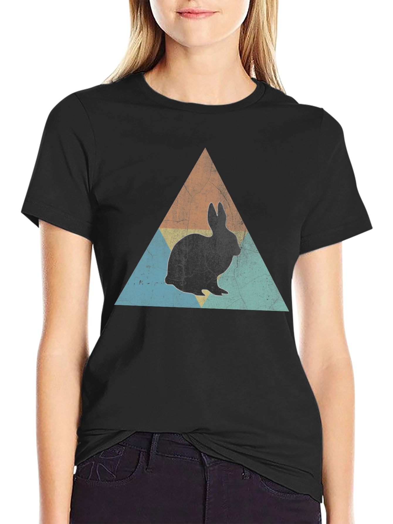Retro Rabbit Triangle Graphic Tee - Black Cotton Shirt