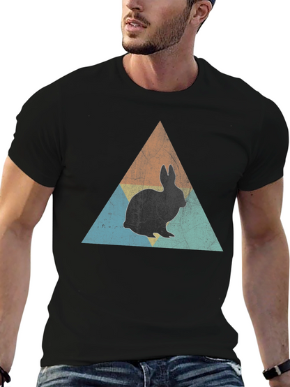 Retro Rabbit Triangle Graphic Tee - Black Cotton Shirt