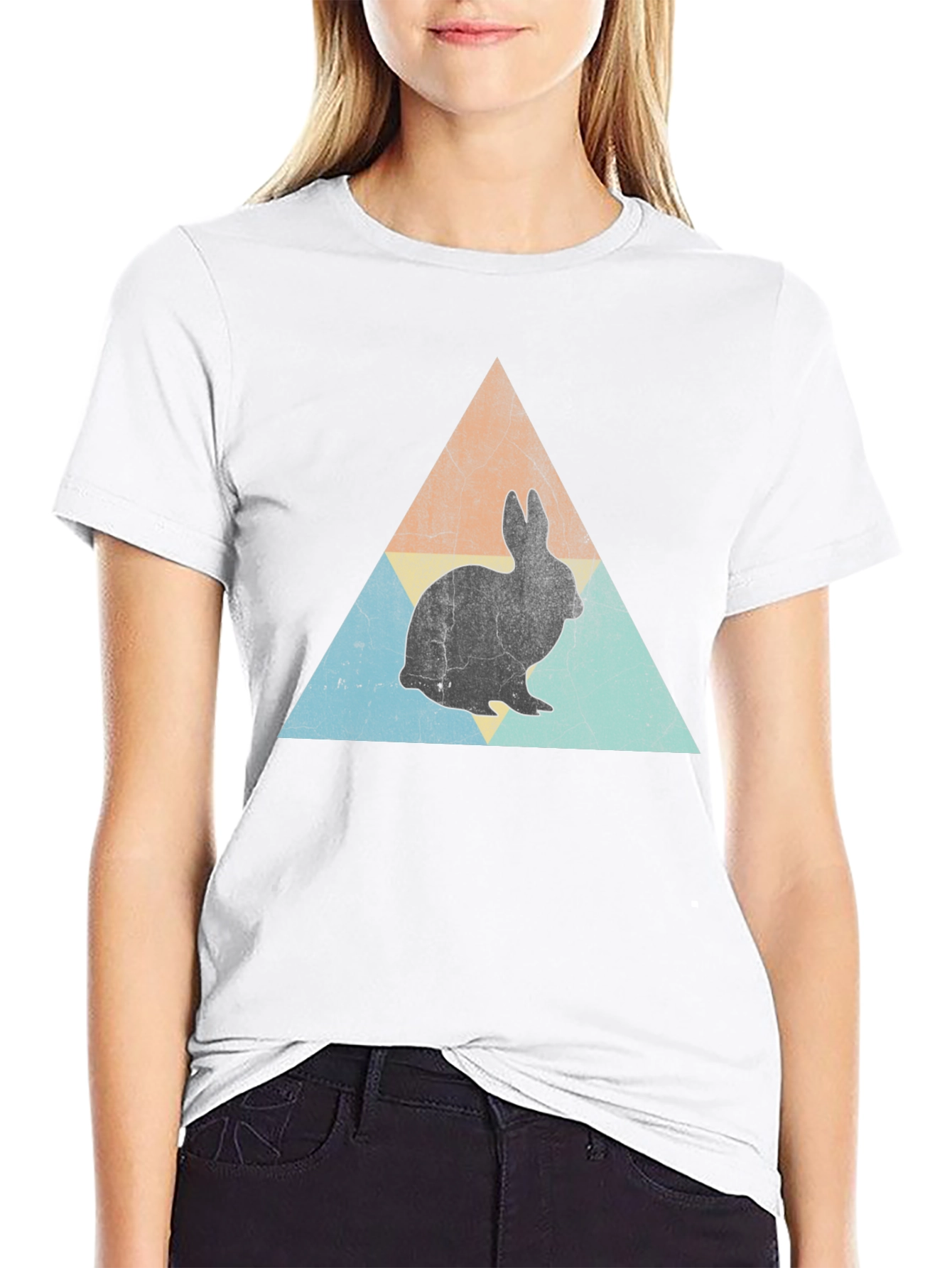 Retro Rabbit Triangle Graphic Tee - Black Cotton Shirt