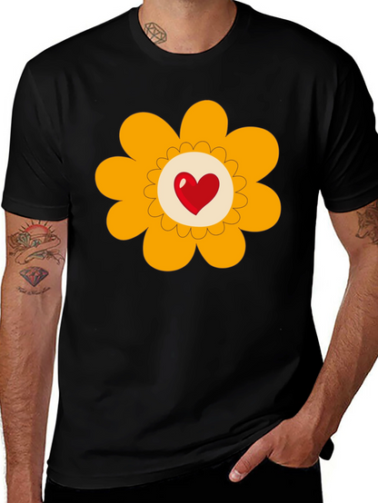 Heart Flower Graphic Tee - Black Cotton Blend