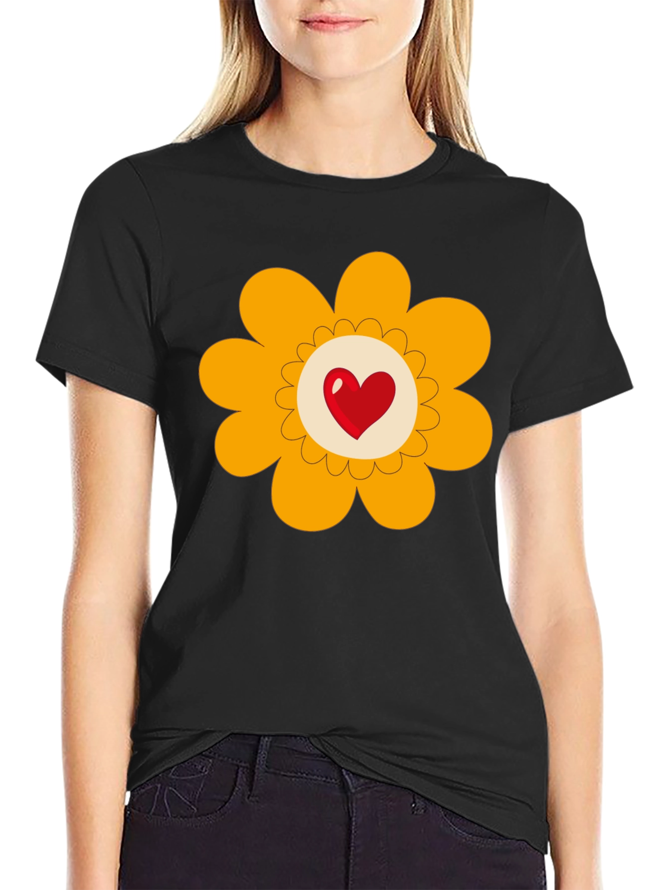 Heart Flower Graphic Tee - Black Cotton Blend