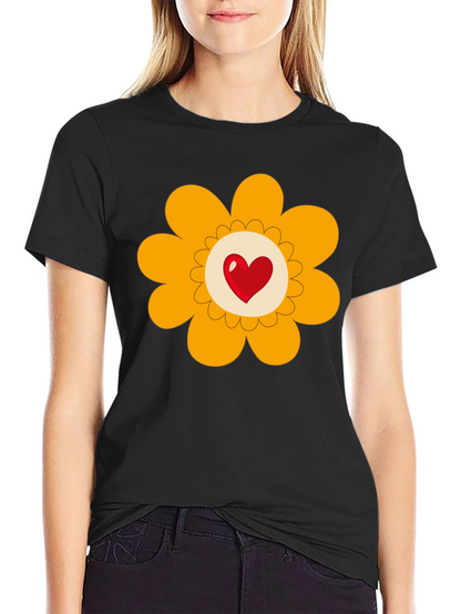 Heart Flower Graphic Tee - Black Cotton Blend