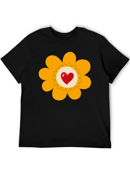 Heart Flower Graphic Tee - Black Cotton Blend