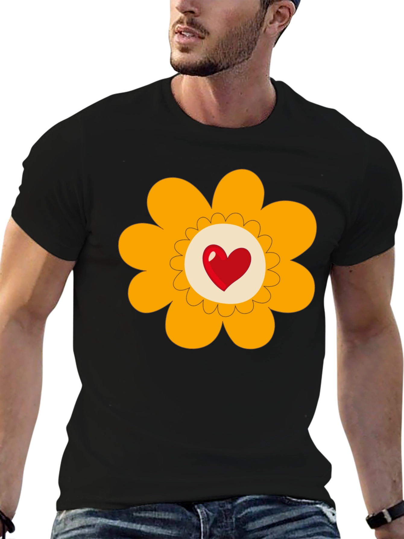 Heart Flower Graphic Tee - Black Cotton Blend