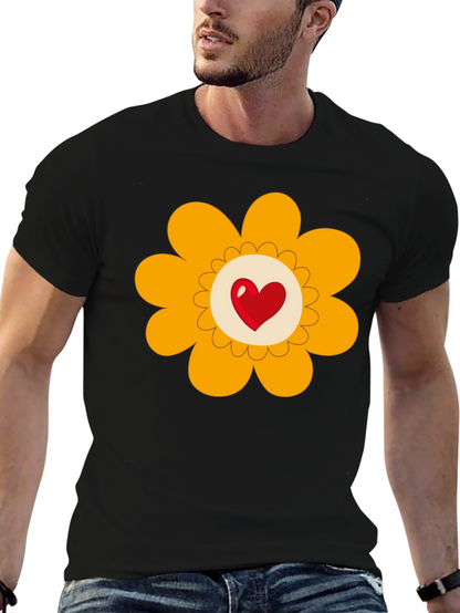 Heart Flower Graphic Tee - Black Cotton Blend
