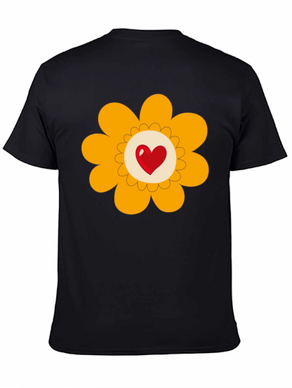 Heart Flower Graphic Tee - Black Cotton Blend