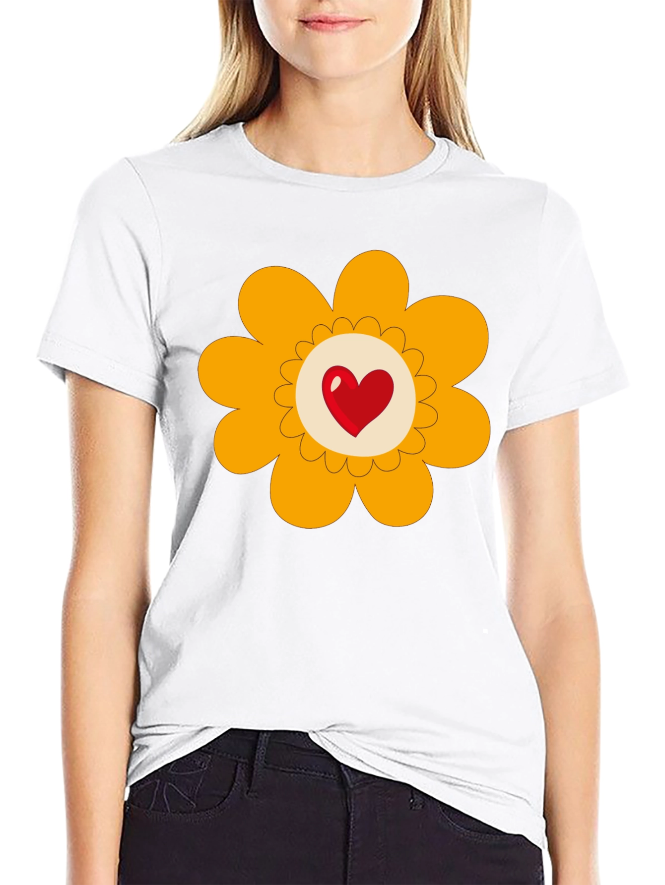 Heart Flower Graphic Tee - Black Cotton Blend