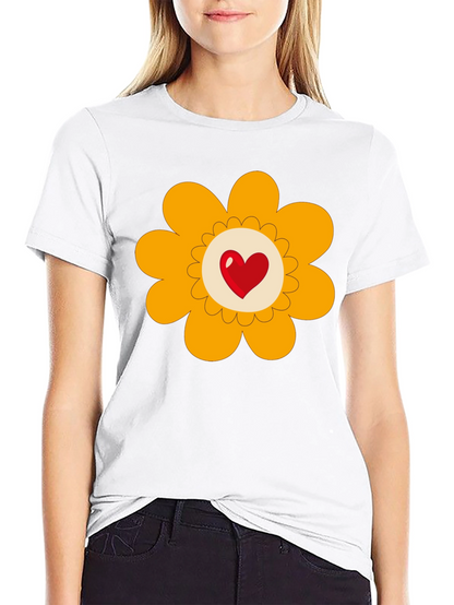 Heart Flower Graphic Tee - Black Cotton Blend