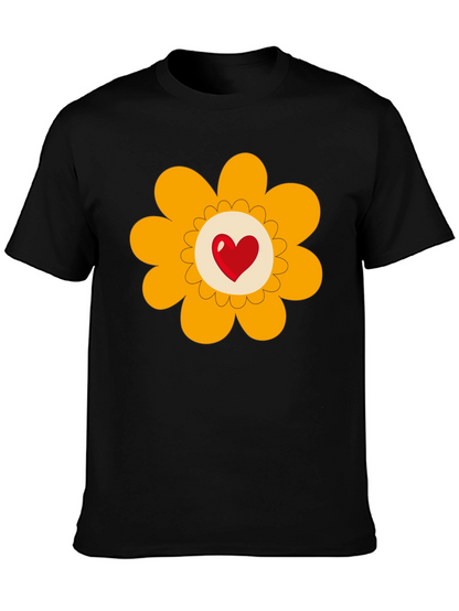 Heart Flower Graphic Tee - Black Cotton Blend