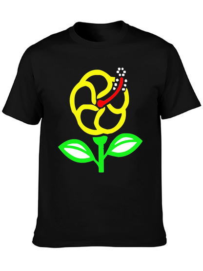 Black T-Shirt with Yellow Hibiscus Flower Graphic