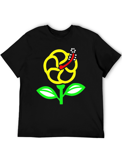 Black T-Shirt with Yellow Hibiscus Flower Graphic