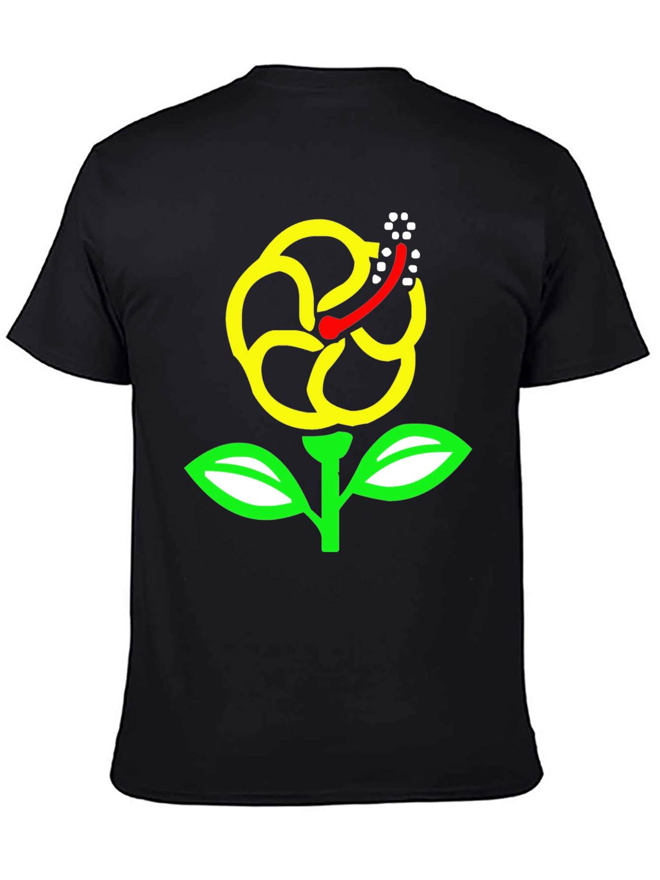 Black T-Shirt with Yellow Hibiscus Flower Graphic