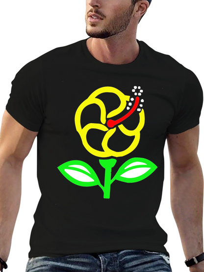 Black T-Shirt with Yellow Hibiscus Flower Graphic