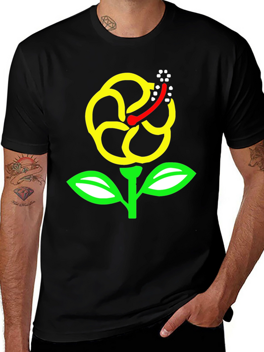 Black T-Shirt with Yellow Hibiscus Flower Graphic