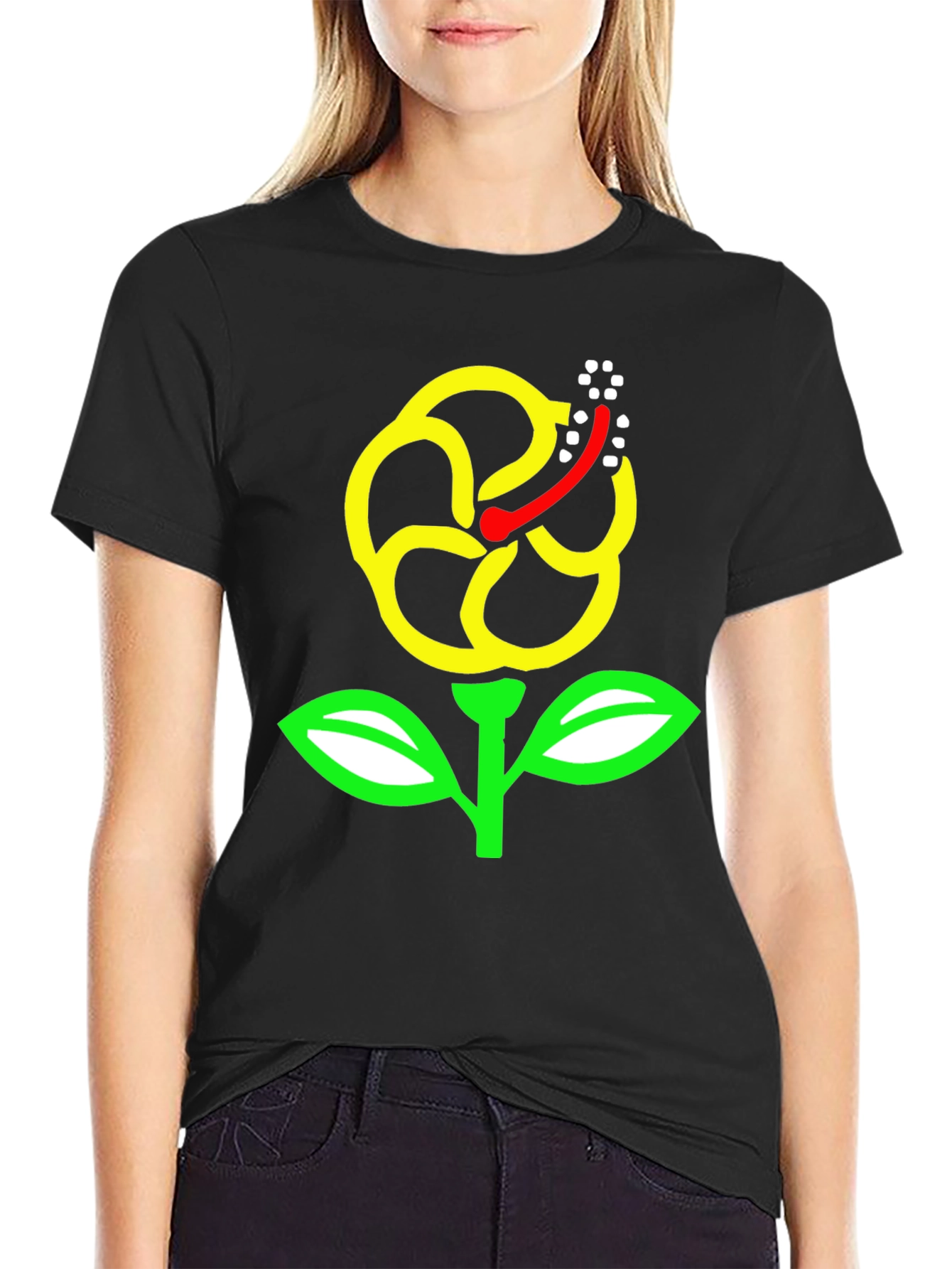 Black T-Shirt with Yellow Hibiscus Flower Graphic
