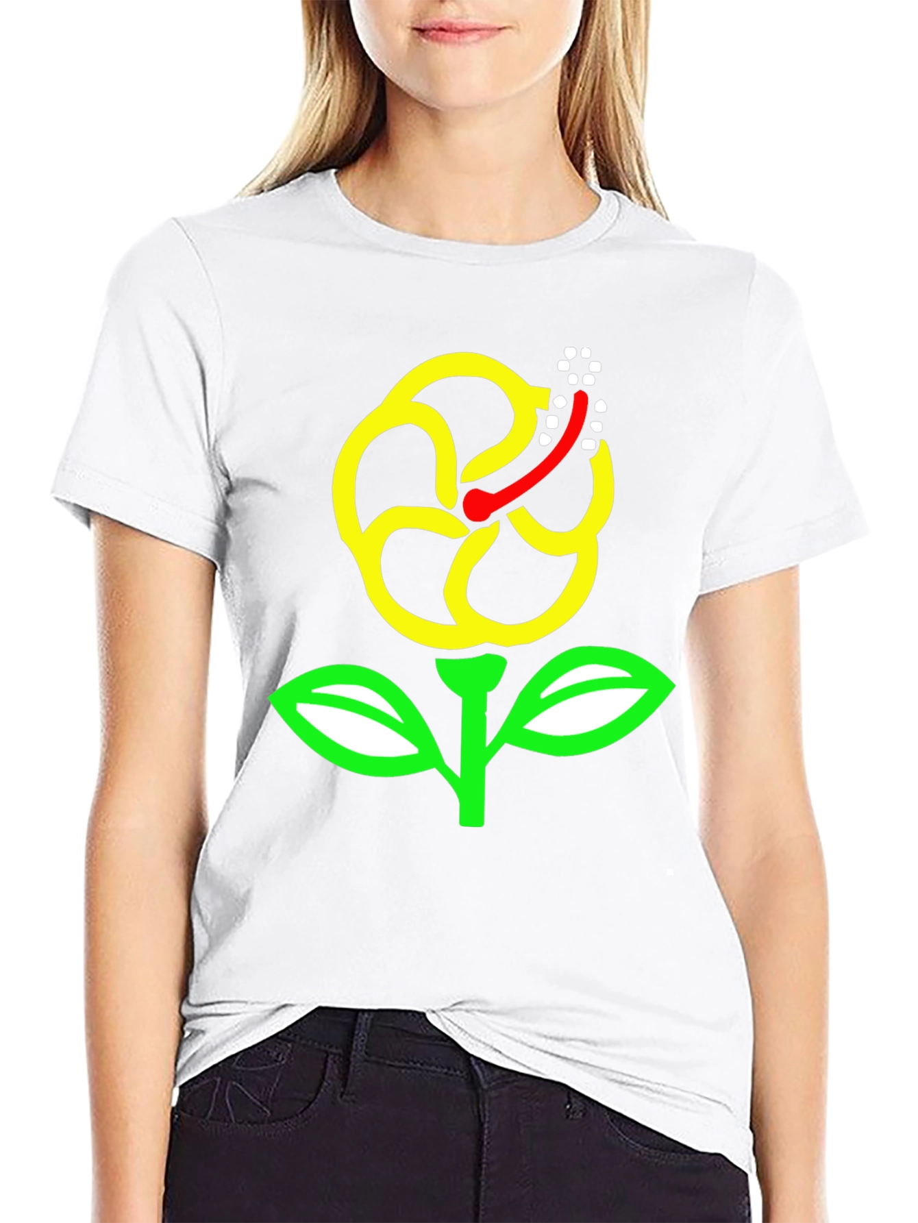 Black T-Shirt with Yellow Hibiscus Flower Graphic