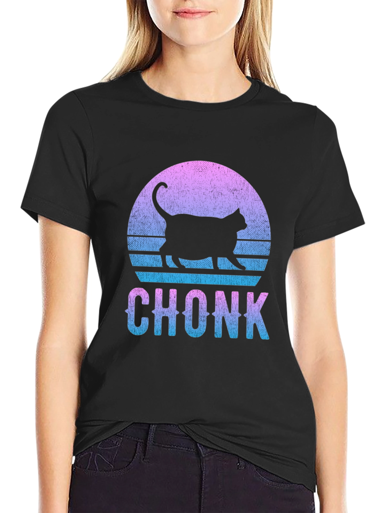 Chonk Cat Graphic Tee - Retro Sunset Style